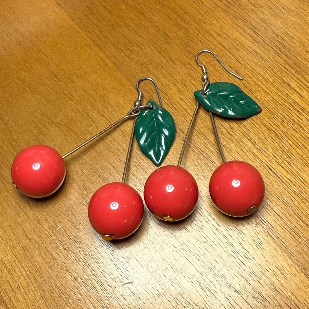 Cherry Dangle Earrings with Green Leaf